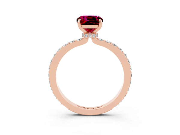 Rose gold Cushion Cut Garnet Solitaire Engagement Ring with Pavé Band and Four-Prong Setting