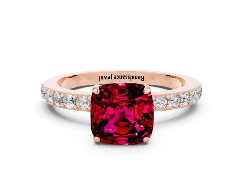 Rose gold Cushion Cut Garnet Solitaire Engagement Ring with Pavé Band and Four-Prong Setting