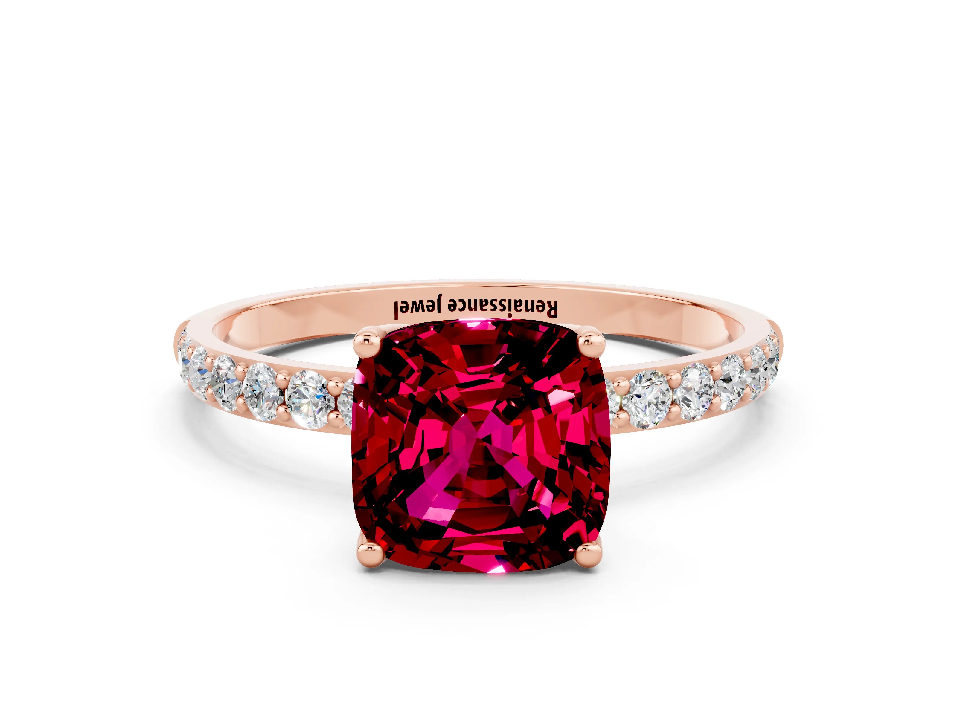 Rose gold Cushion Cut Garnet Solitaire Engagement Ring with Pavé Band and Prong Setting