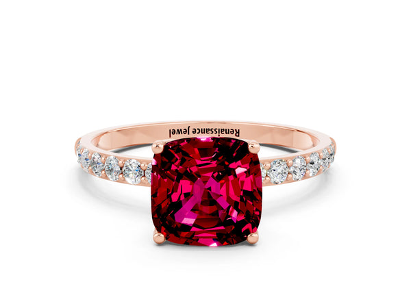 Rose gold Cushion Cut Garnet Solitaire Engagement Ring with Round  Pavé Band and Prong Setting
