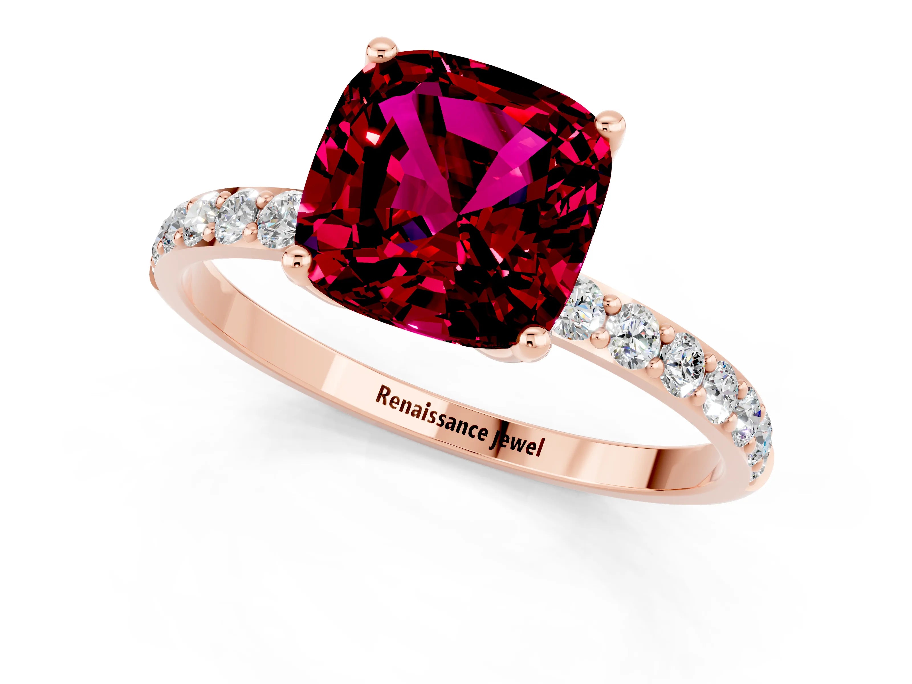 Rose gold Cushion Cut Garnet Solitaire Engagement Ring with Pavé Band and Prong Setting_1