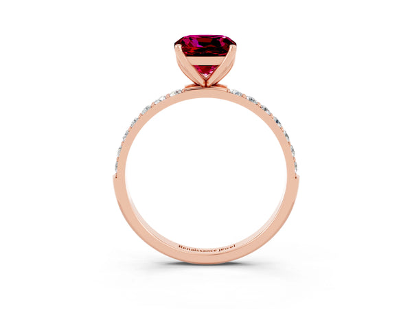 Rose gold Cushion Cut Garnet Solitaire Engagement Ring with Round  Pavé Band and Prong Setting
