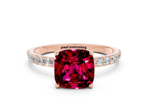 Rose gold Cushion Cut Garnet Solitaire Engagement Ring with Pavé Band and Prong Setting