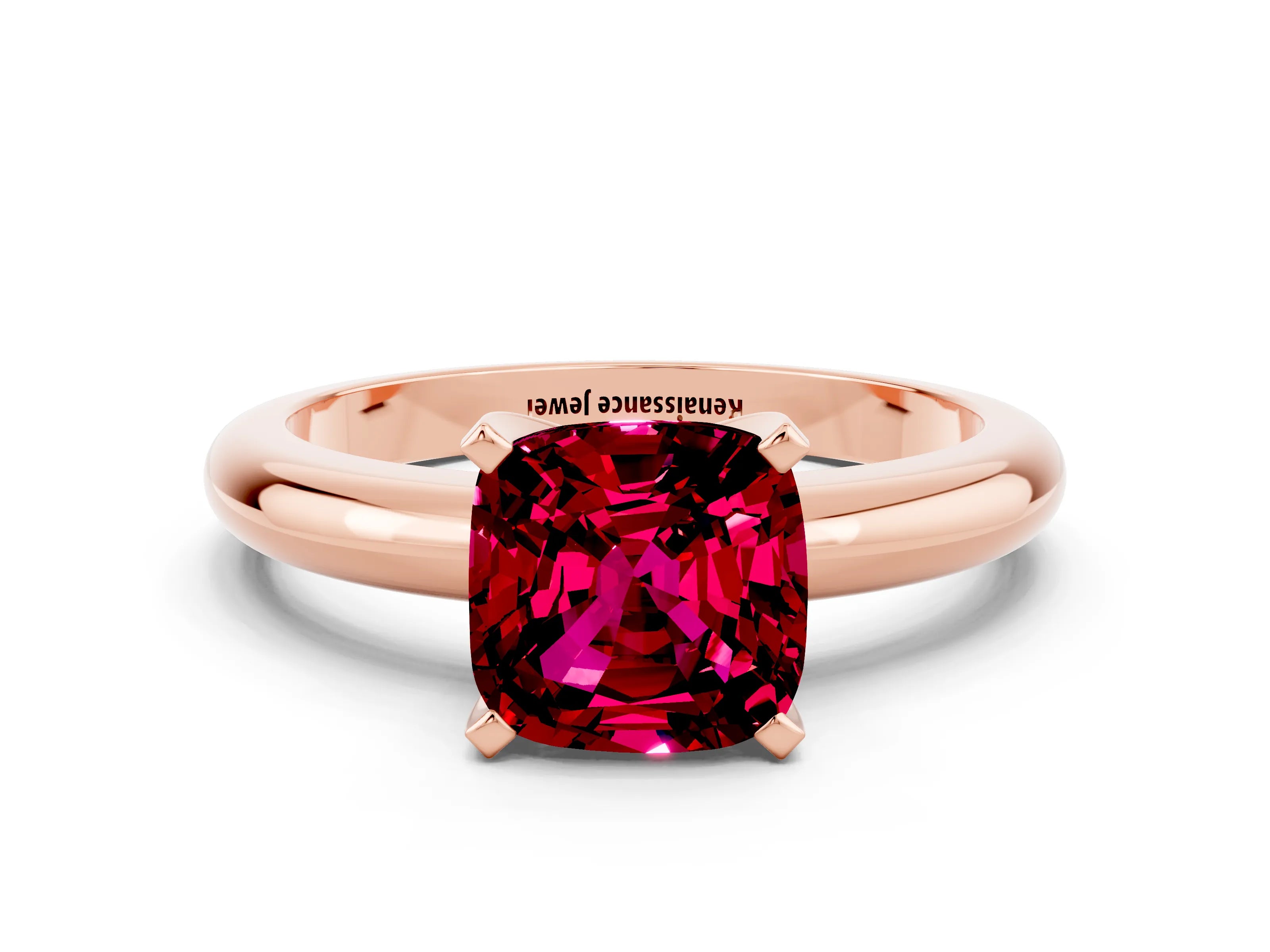 Rose gold Cushion Cut Garnet Solitaire Engagement Ring with Round Band and Four-Prong Setting
