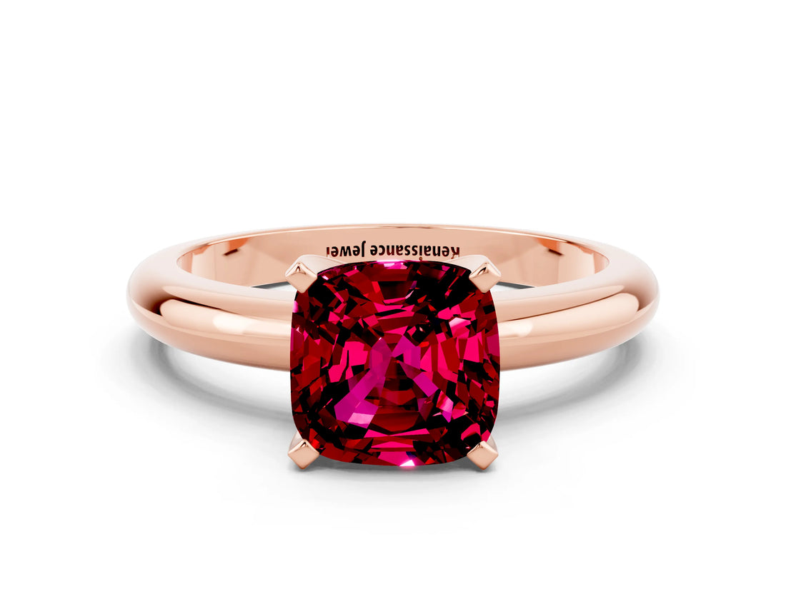 Rose gold Cushion Cut Garnet Solitaire Engagement Ring with Round Band and Four-Prong Setting