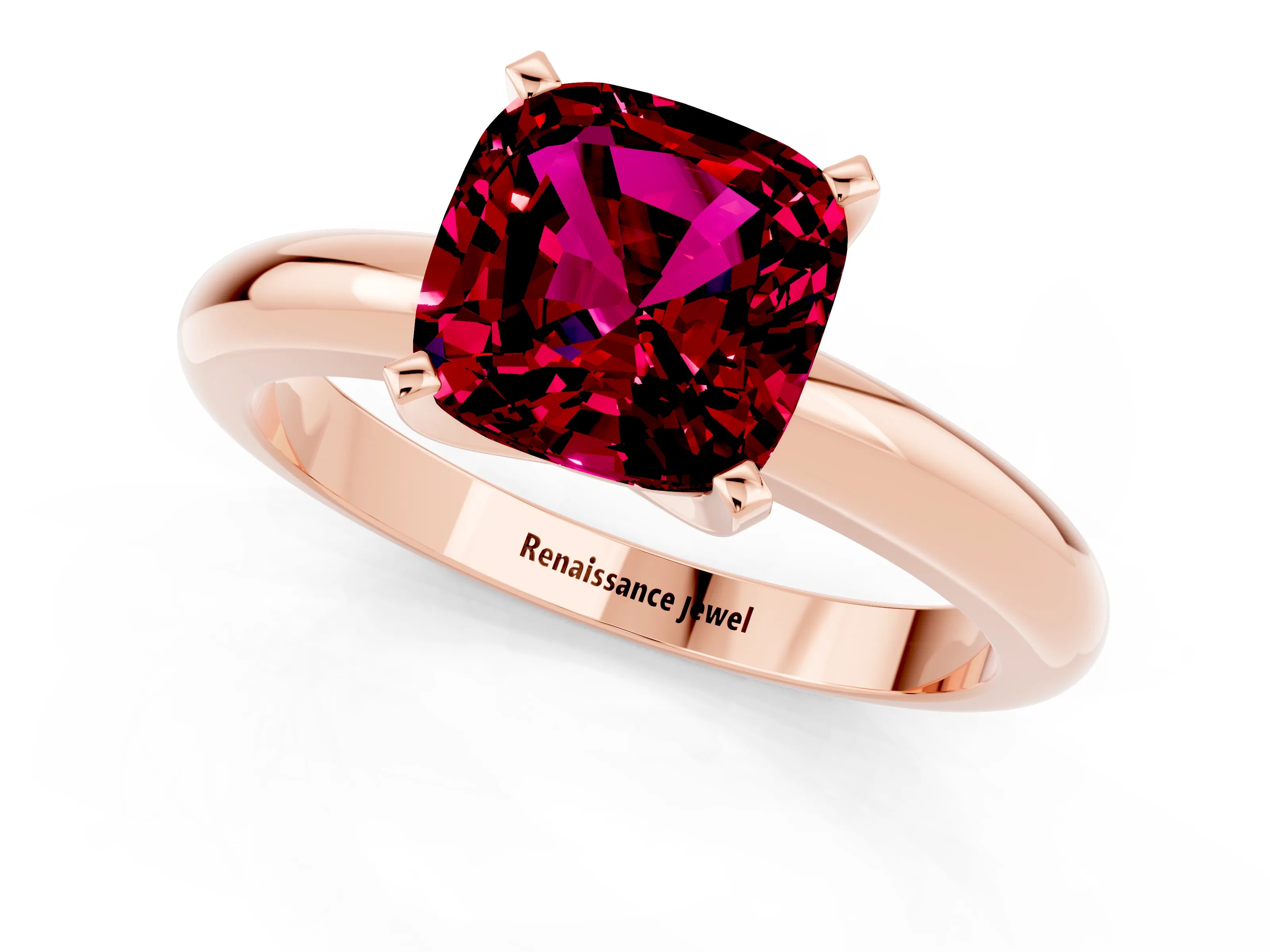 Rose gold Cushion Cut Garnet Solitaire Engagement Ring with Round Band and Four-Prong Setting_1