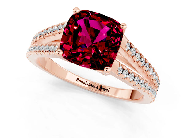 Rose gold Cushion Cut Garnet Solitaire Engagement Ring with Split Shank Pavé Band