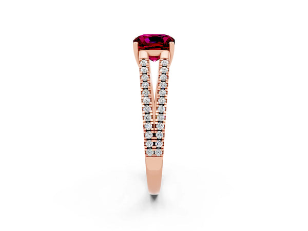 Rose gold Cushion Cut Garnet Solitaire Engagement Ring with Split Shank Pavé Band