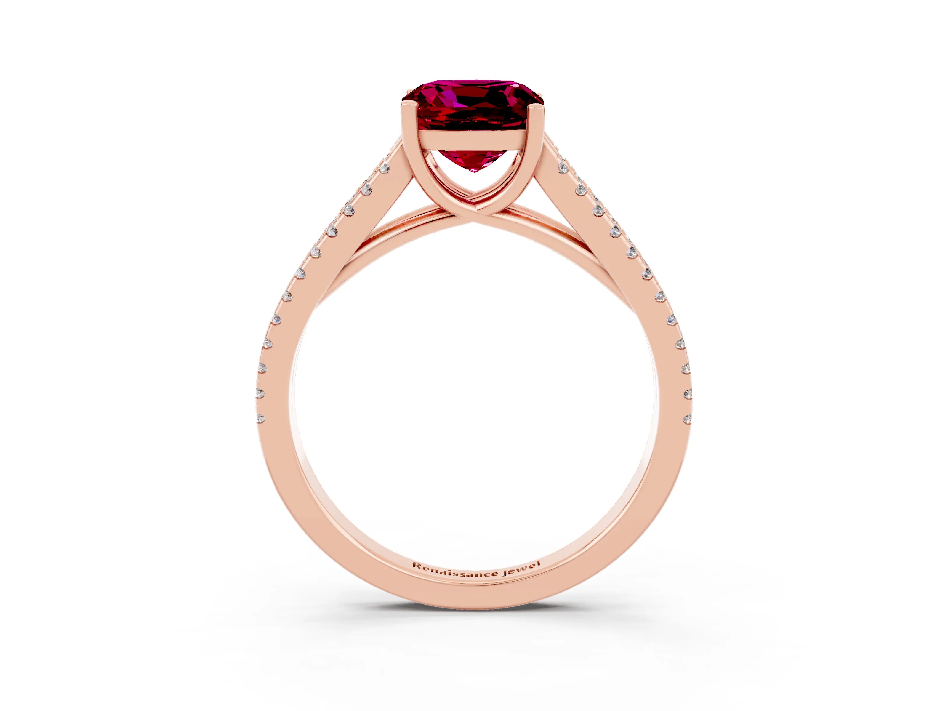 Rose gold Cushion Cut Garnet Solitaire Engagement Ring with Split Shank Pavé Band_3
