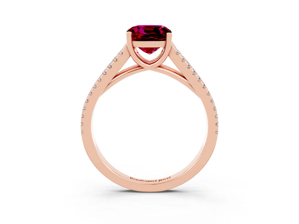 Rose gold Cushion Cut Garnet Solitaire Engagement Ring with Split Shank Pavé Band