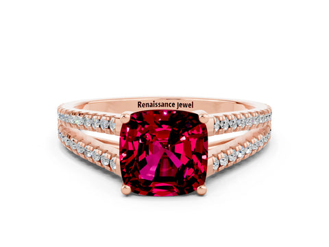 Rose gold Cushion Cut Garnet Solitaire Engagement Ring with Split Shank Pavé Band