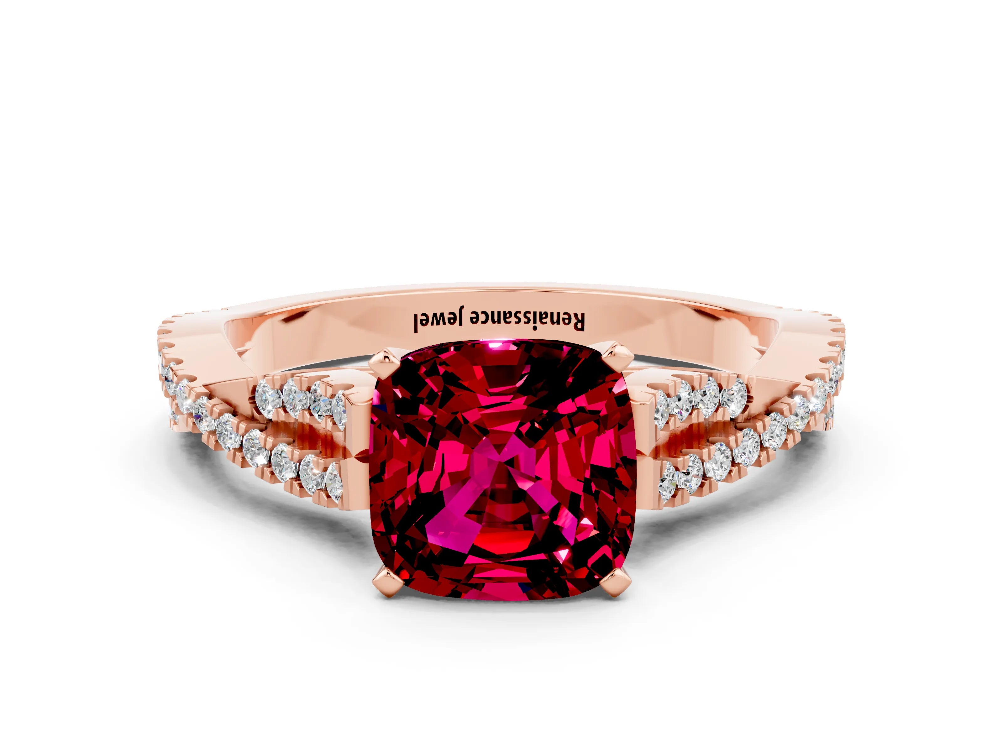 Rose gold Cushion Cut Garnet Solitaire Engagement Ring with Twisted Pavé Band and Four-Prong Setting_12