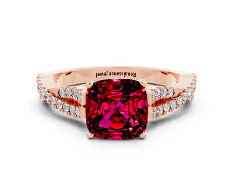 Rose gold Cushion Cut Garnet Solitaire Engagement Ring with Twisted Pavé Band and Four-Prong Setting_12