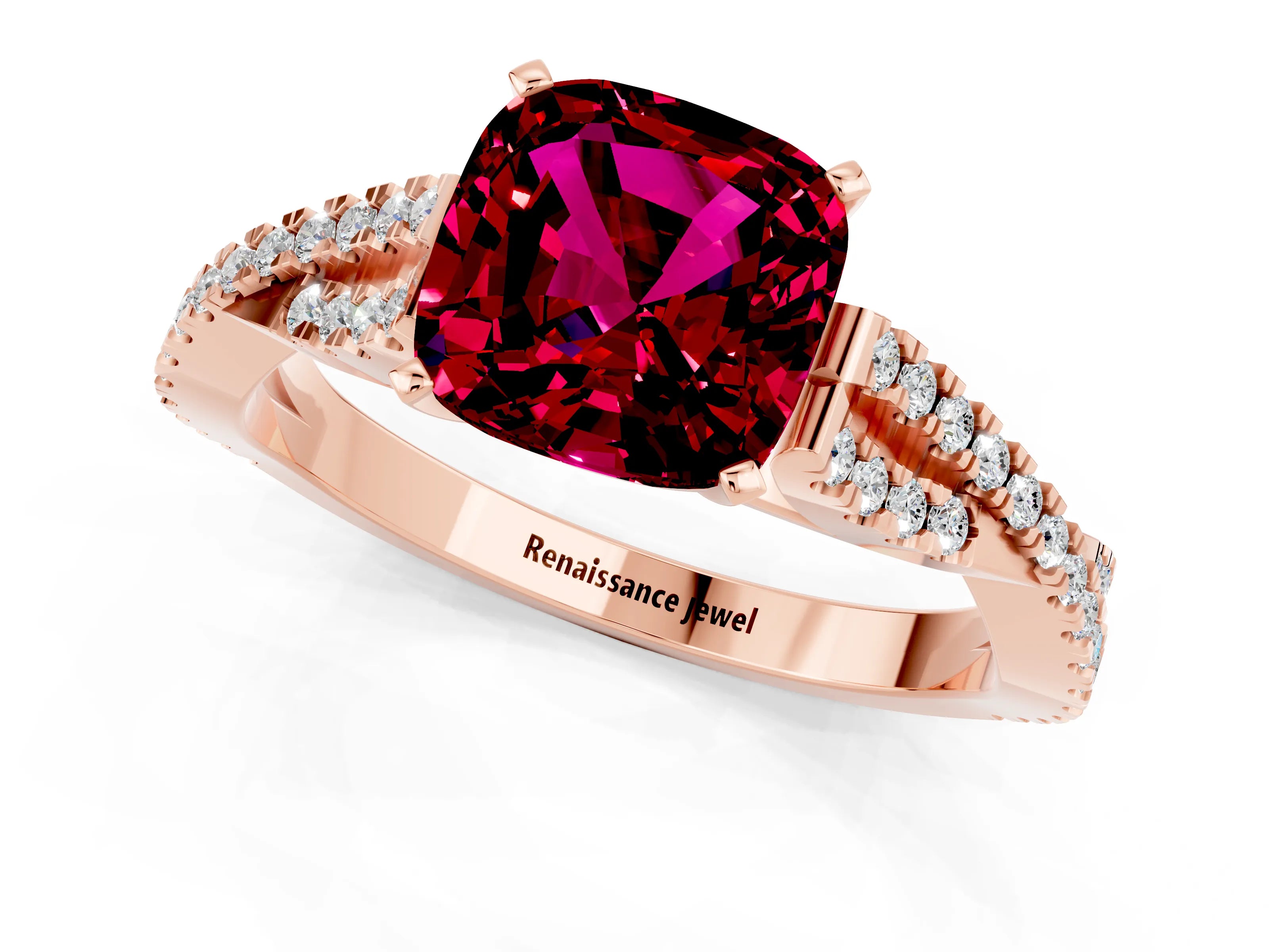 Rose gold Cushion Cut Garnet Solitaire Engagement Ring with Twisted Pavé Band and Four-Prong Setting_13