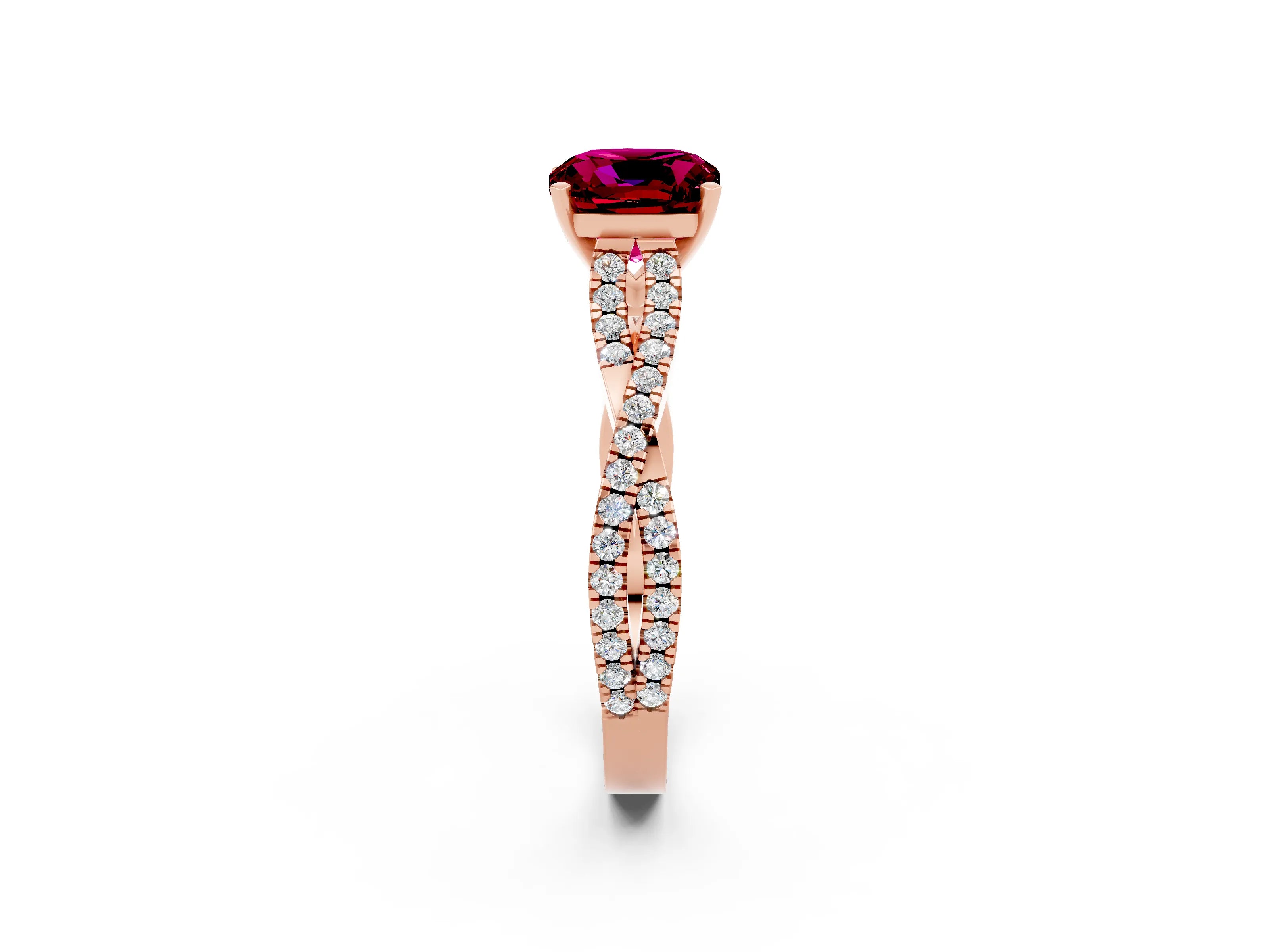 Rose gold Cushion Cut Garnet Solitaire Engagement Ring with Twisted Pavé Band and Four-Prong Setting_14
