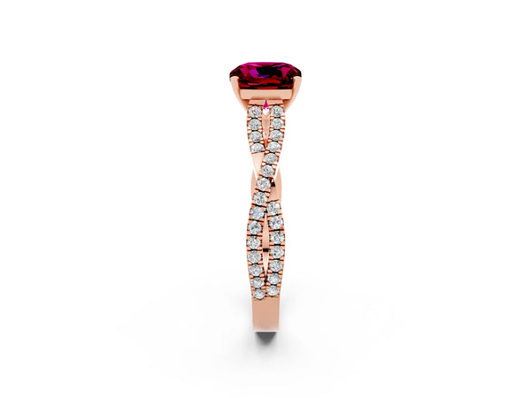 Rose gold Cushion Cut Garnet Solitaire Engagement Ring with Twisted Pavé Band and Four-Prong Setting