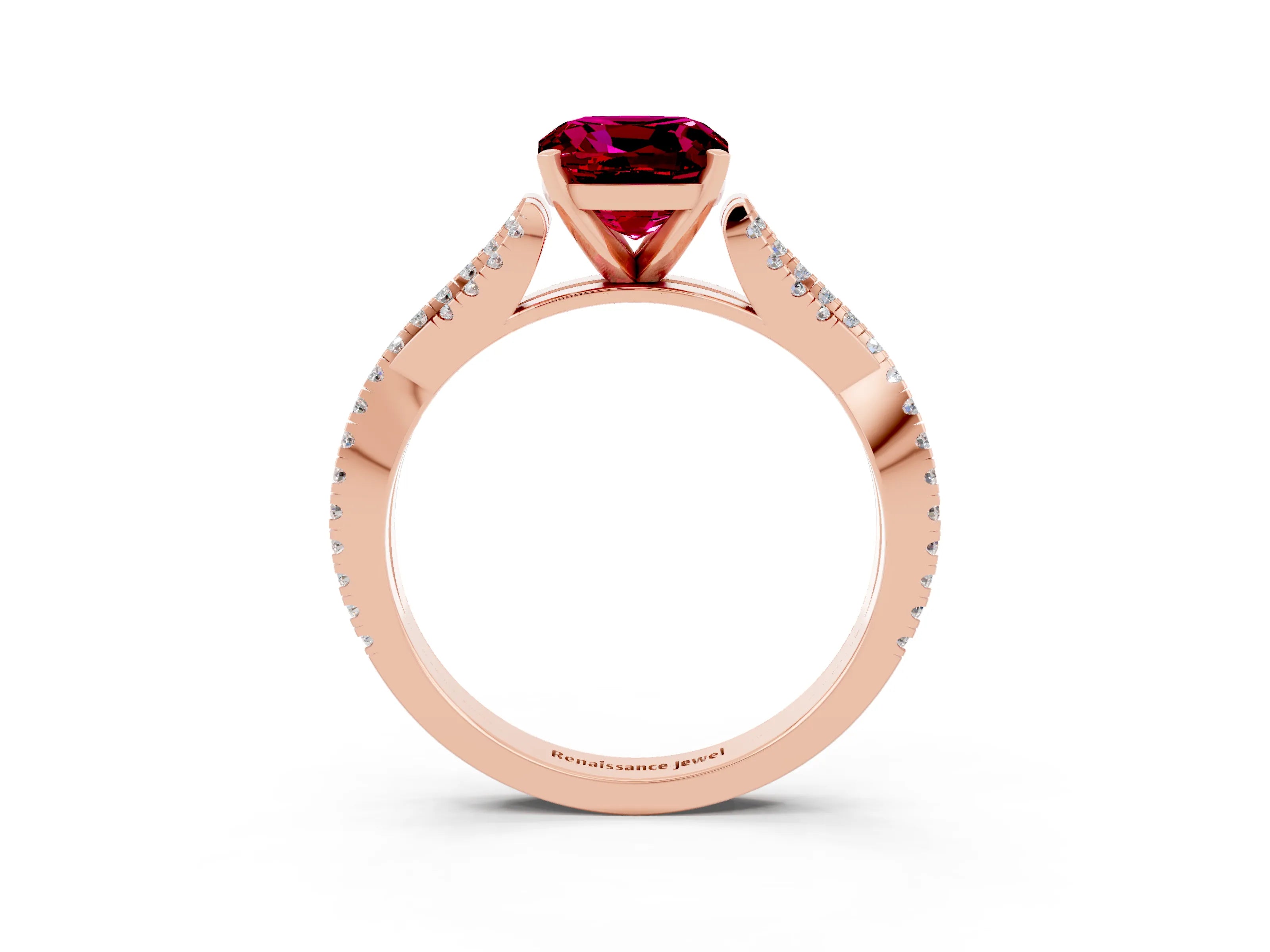 Rose gold Cushion Cut Garnet Solitaire Engagement Ring with Twisted Pavé Band and Four-Prong Setting_15