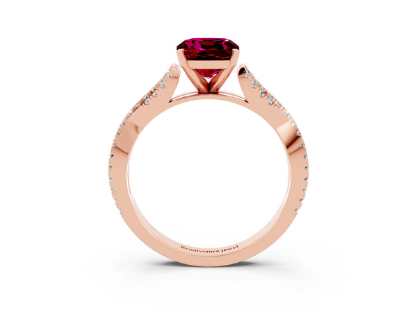 Rose gold Cushion Cut Garnet Solitaire Engagement Ring with Twisted Pavé Band and Four-Prong Setting