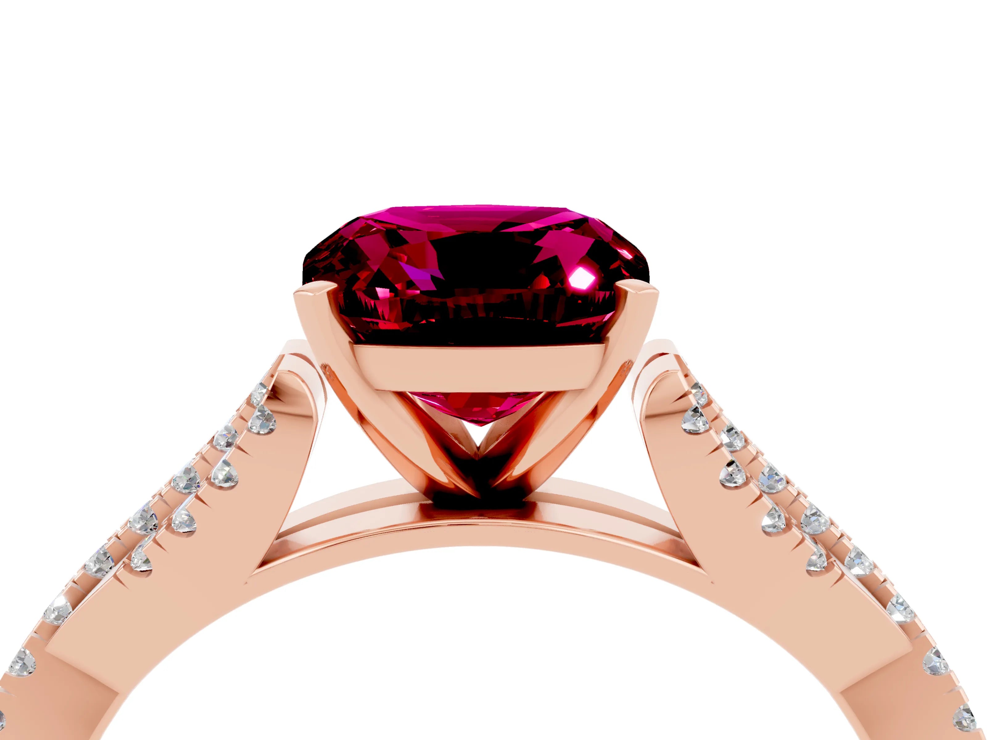 Rose gold Cushion Cut Garnet Solitaire Engagement Ring with Twisted Pavé Band and Four-Prong Setting_16