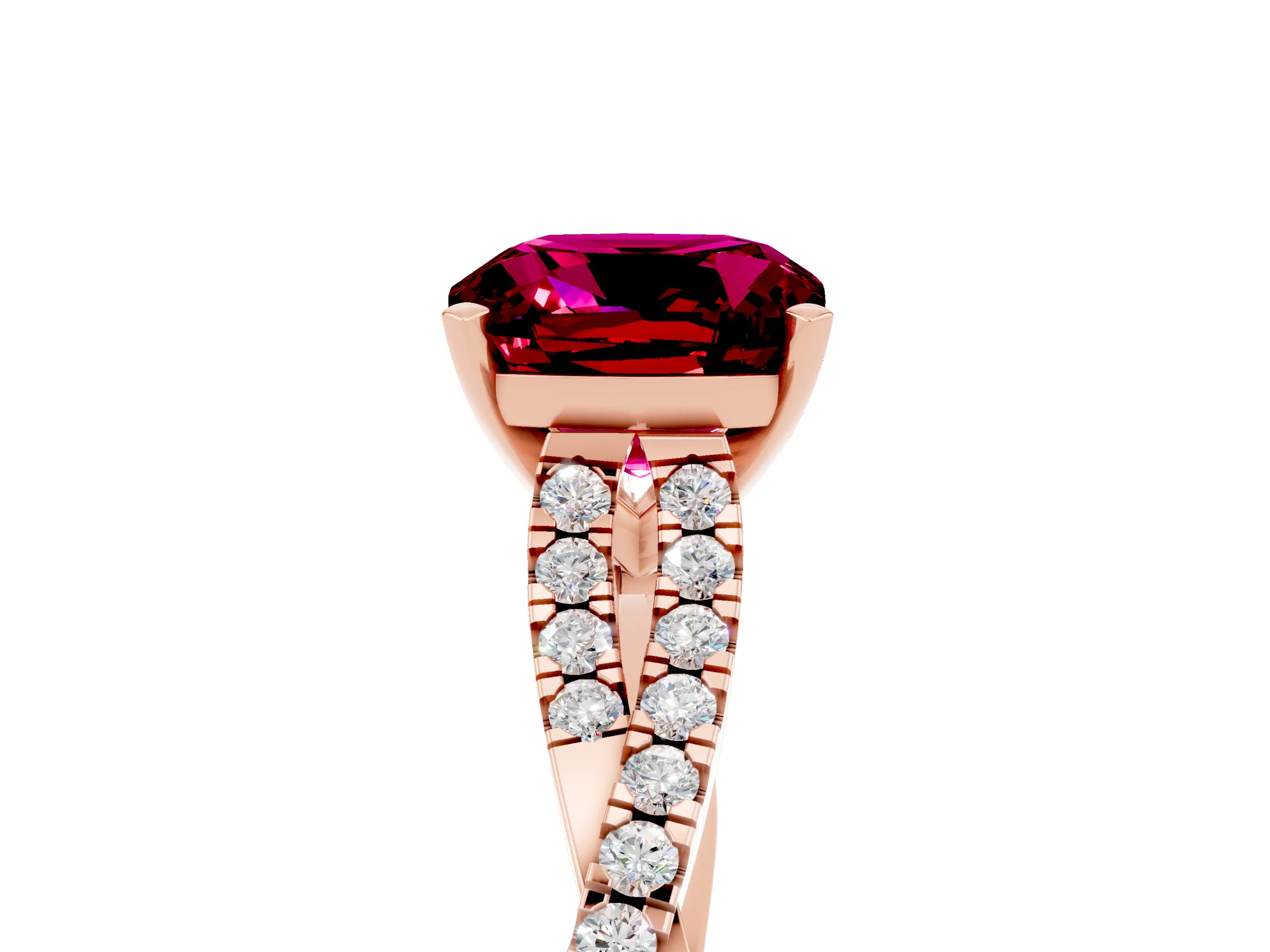 Rose gold Cushion Cut Garnet Solitaire Engagement Ring with Twisted Pavé Band and Four-Prong Setting_17