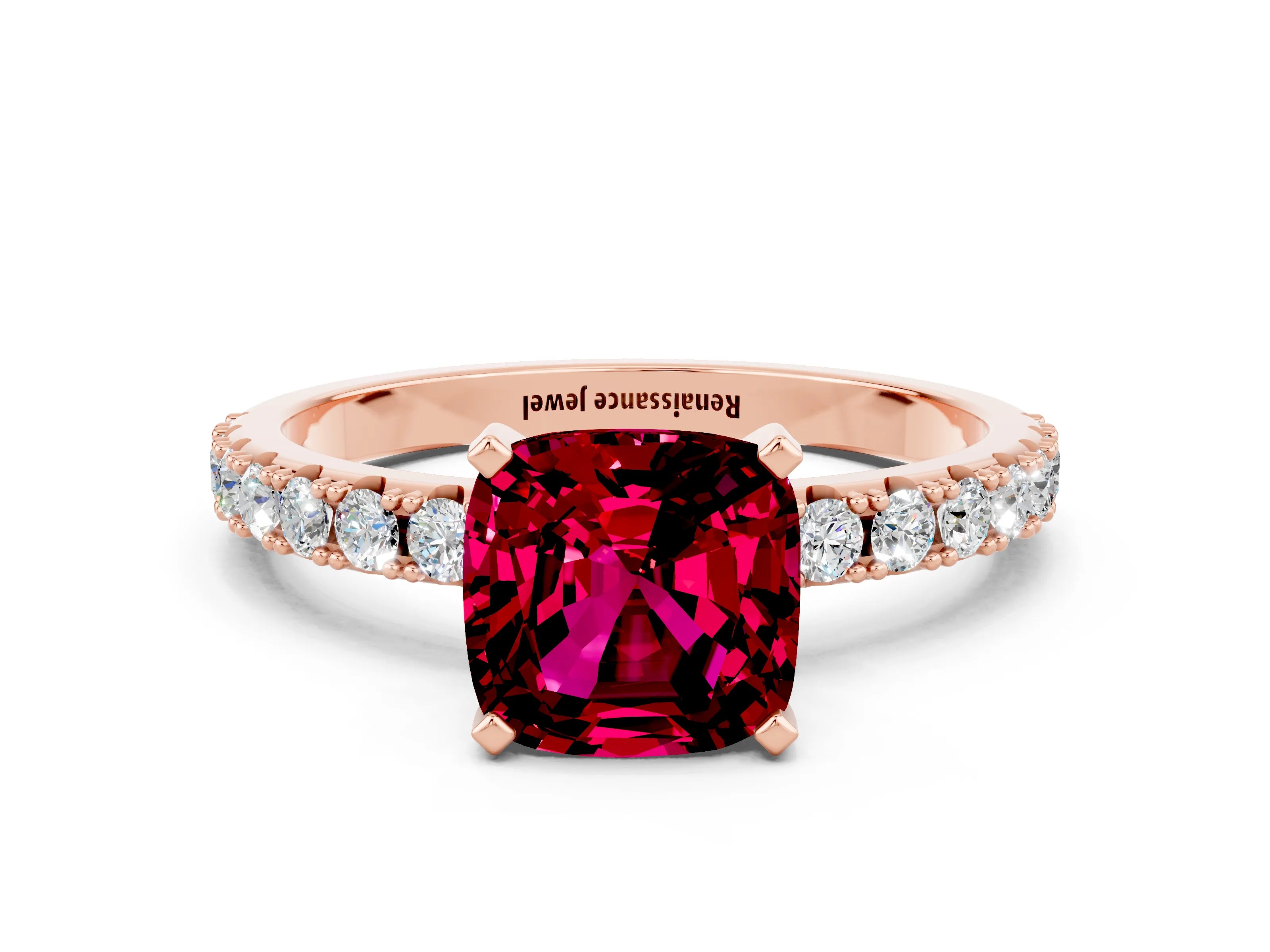 Rose gold Cushion Cut Garnet Solitaire Pavé Band with Four-Prong Setting