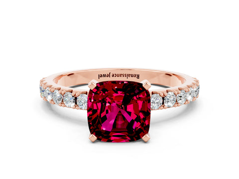Rose gold Cushion Cut Garnet Solitaire Pavé Band with Four-Prong Setting