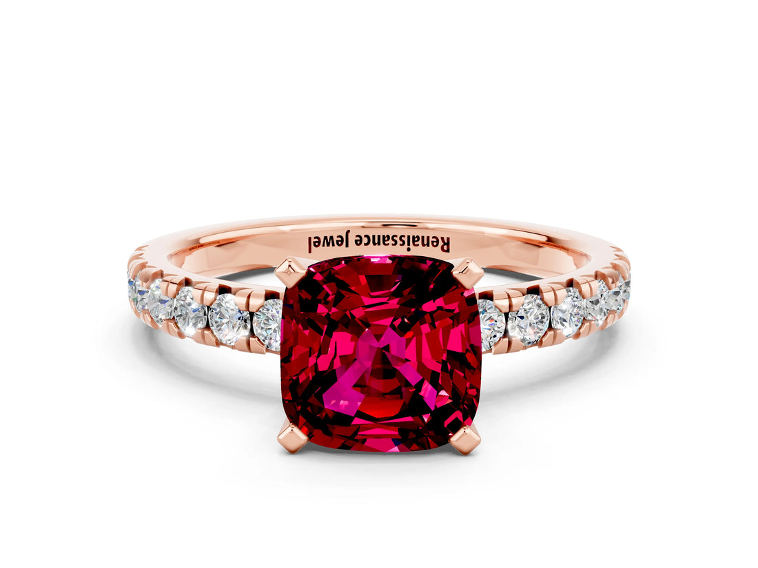 Rose gold Cushion Cut Garnet Solitaire Pavé Engagement Ring with Round Band and Prong Setting_78