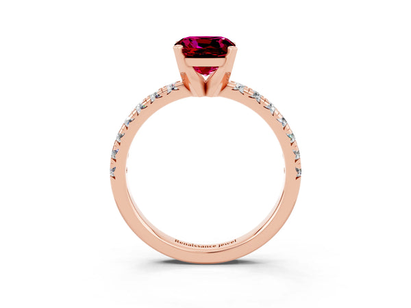 Rose gold Cushion Cut Garnet Solitaire Pavé Engagement Ring with Round Band and Prong Setting
