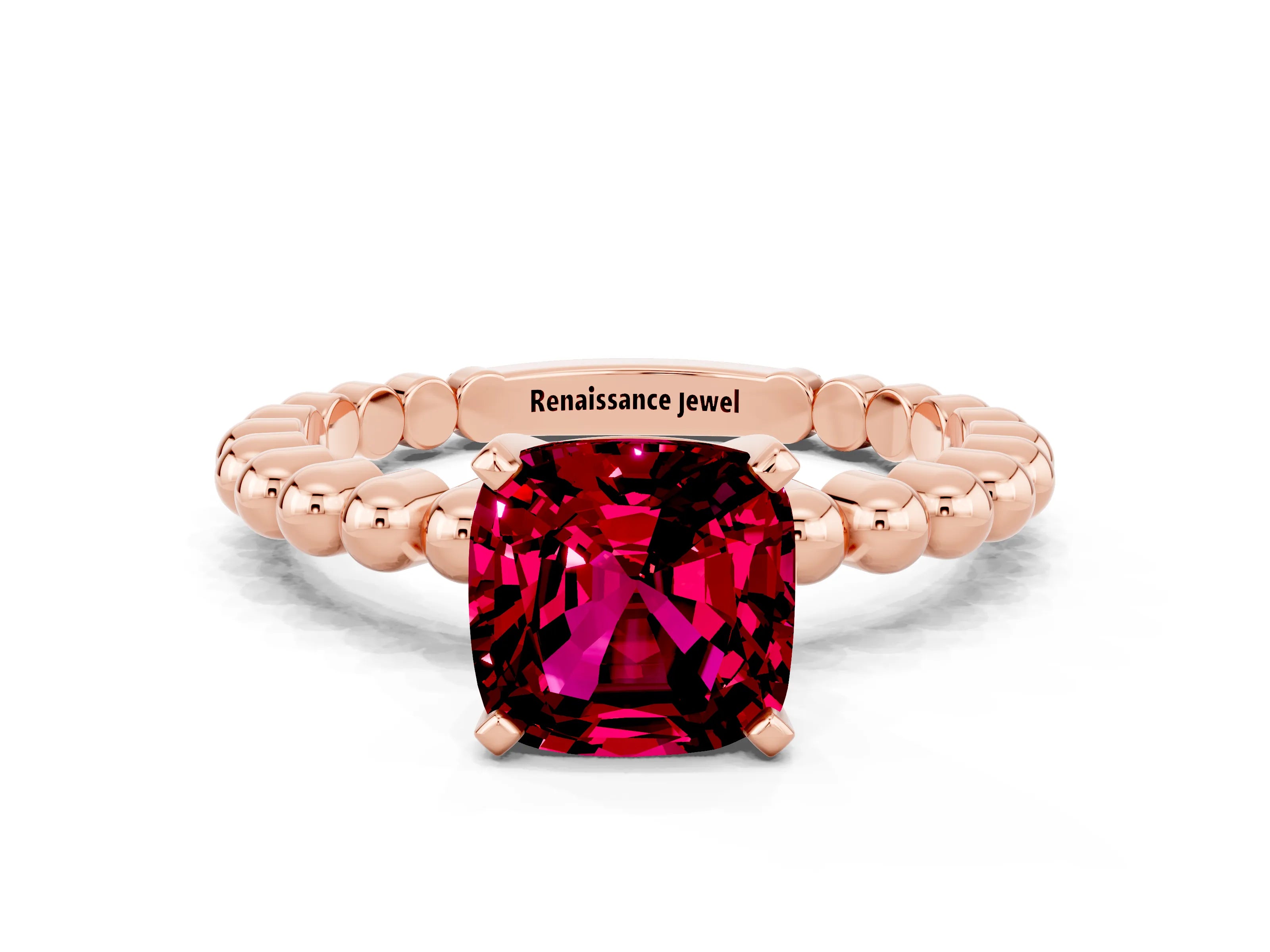 Rose gold Cushion Cut Garnet Solitaire Ring with Beaded Band and Prong Setting