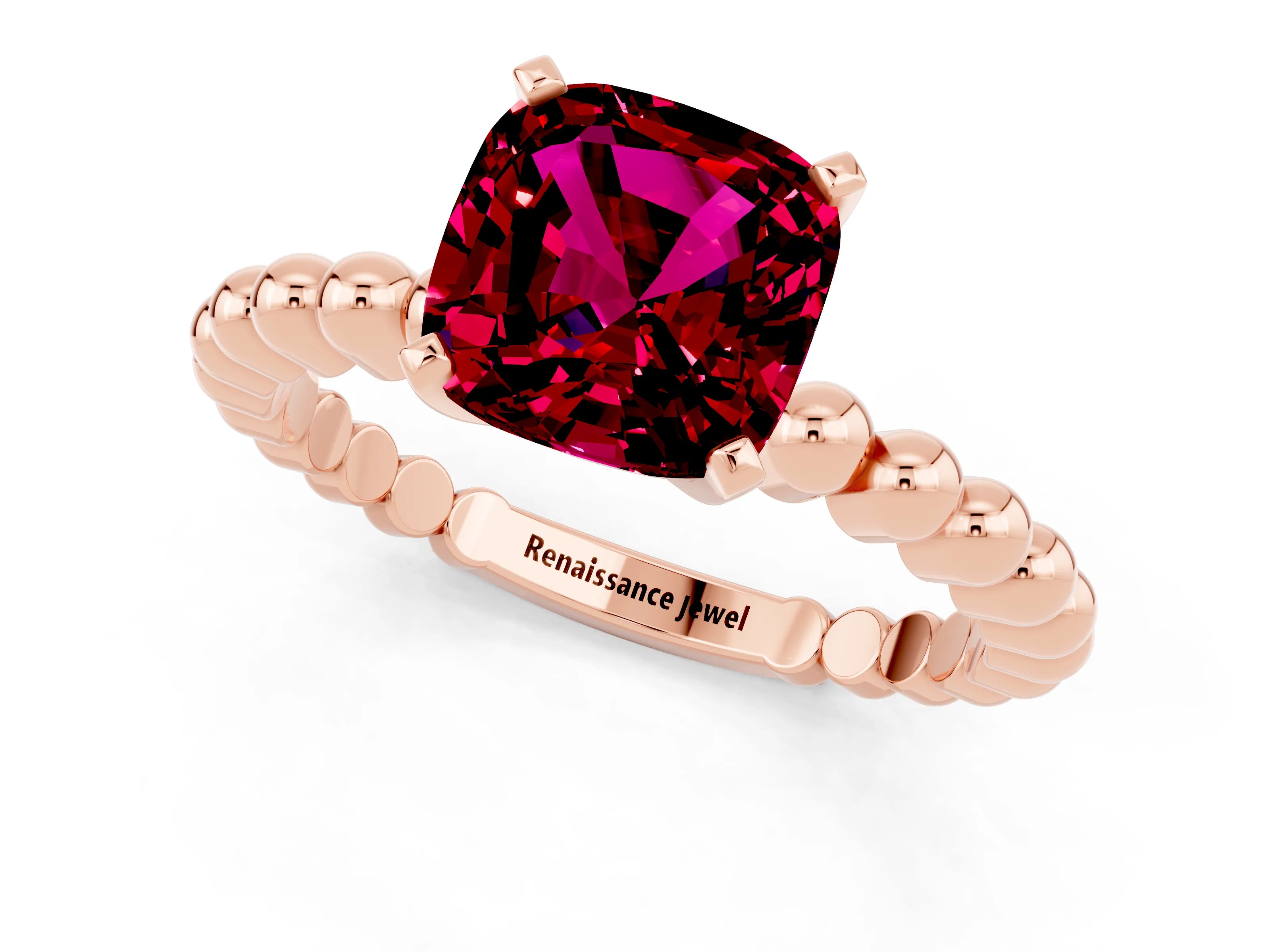 Rose gold Cushion Cut Garnet Solitaire Ring with Beaded Band and Prong Setting_1