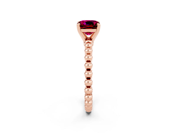 Rose gold Cushion Cut Garnet Solitaire Ring with Beaded Band and Prong Setting