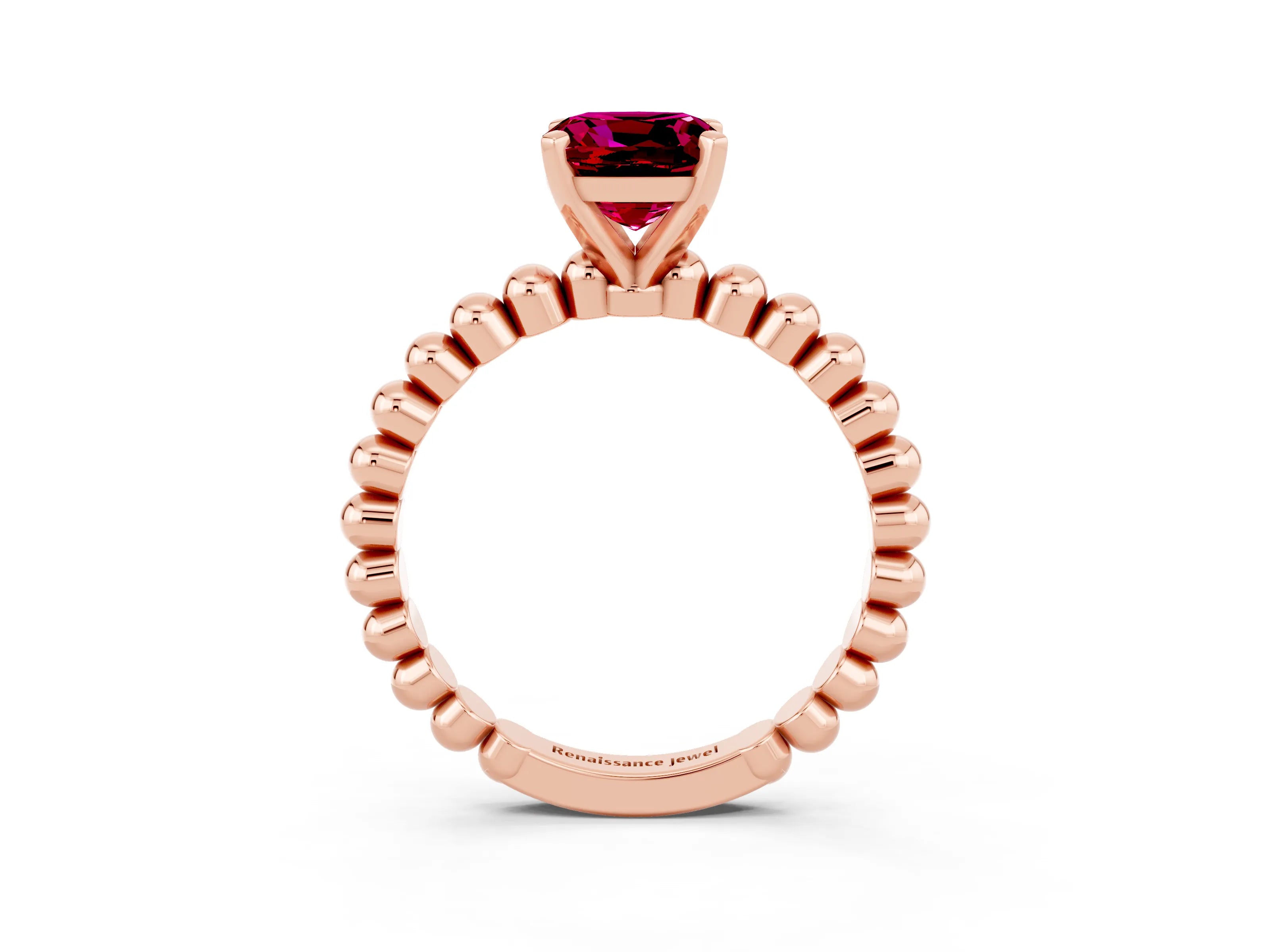 Rose gold Cushion Cut Garnet Solitaire Ring with Beaded Band and Prong Setting_3