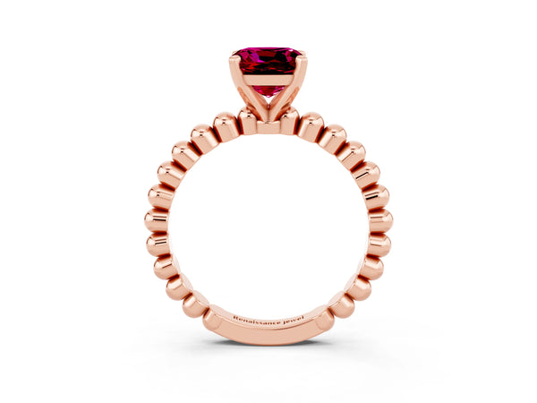Rose gold Cushion Cut Garnet Solitaire Ring with Beaded Band and Prong Setting