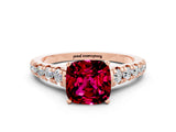 Rose gold Cushion Cut Garnet Solitaire Ring with Cathedral Setting and Pavé Band