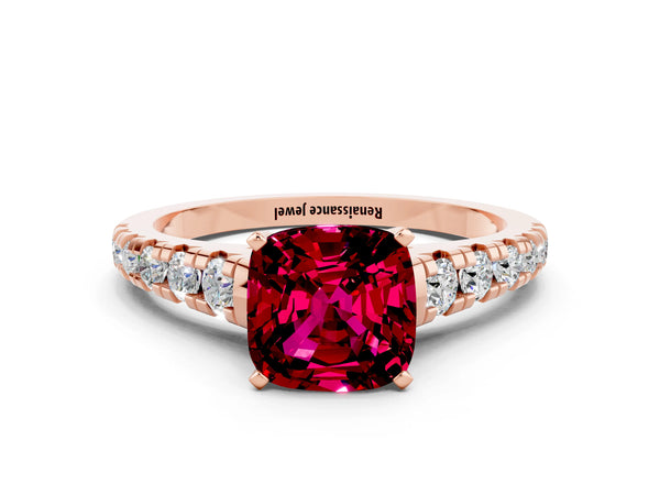 Rose gold Cushion Cut Garnet Cathedral Solitaire Ring with Round  Pavé Band