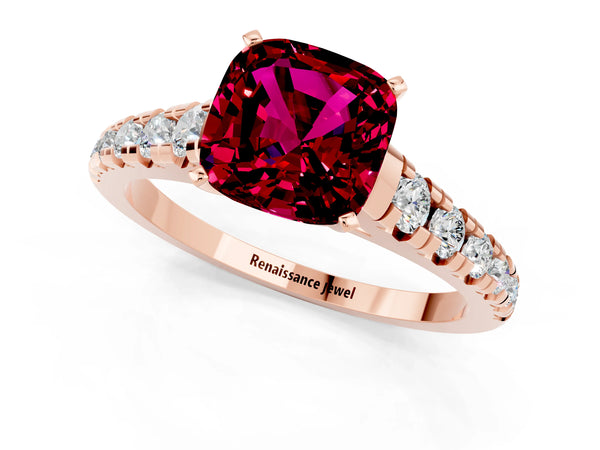 Rose gold Cushion Cut Garnet Cathedral Solitaire Ring with Round  Pavé Band