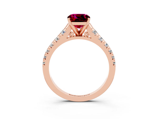 Rose gold Cushion Cut Garnet Cathedral Solitaire Ring with Round  Pavé Band