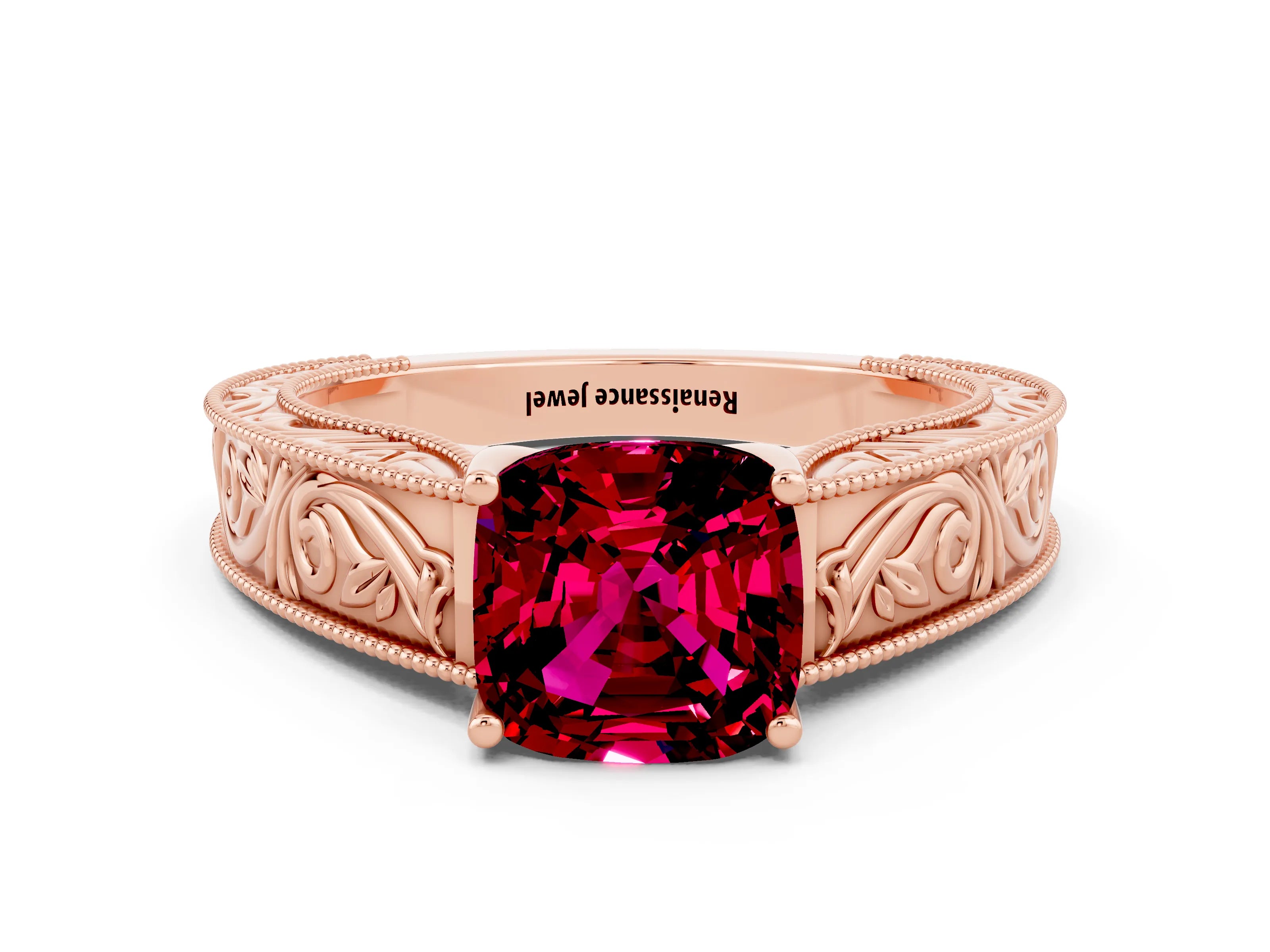 Rose gold Cushion Cut Garnet Solitaire Ring with Engraved Band and Four-Prong Setting