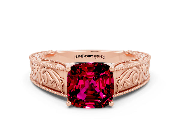 Rose gold Cushion Cut Garnet Solitaire Ring with Engraved Band and Four-Prong Setting