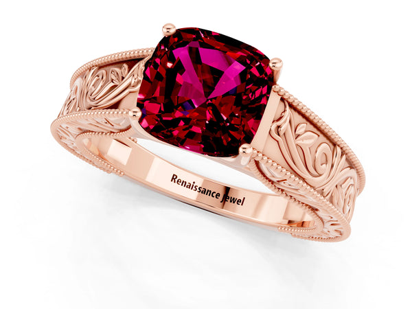 Rose gold Cushion Cut Garnet Solitaire Ring with Engraved Band and Four-Prong Setting