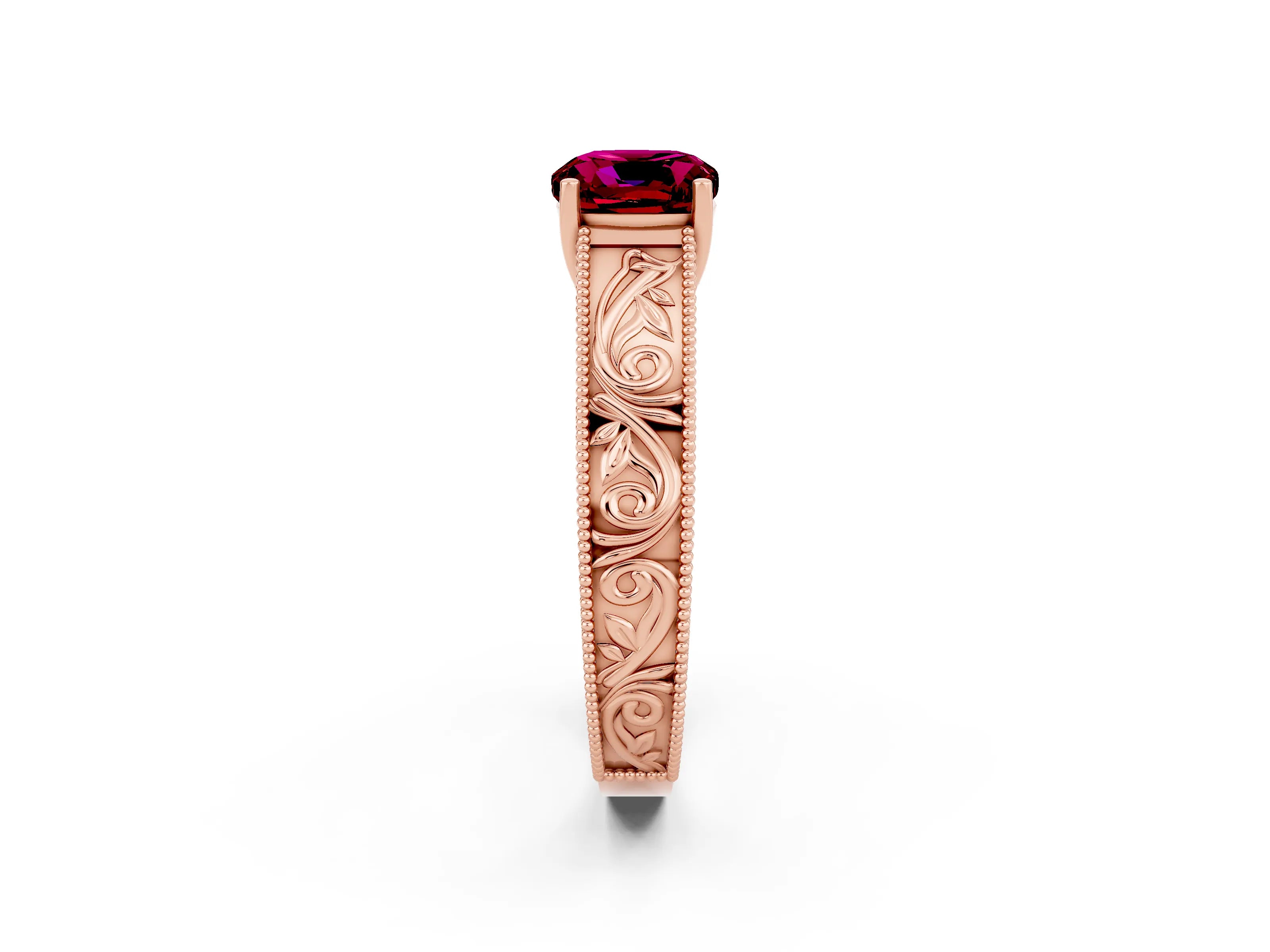 Rose gold Cushion Cut Garnet Solitaire Ring with Engraved Band and Four-Prong Setting_2