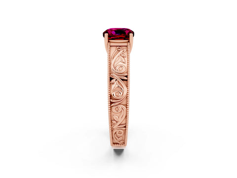 Rose gold Cushion Cut Garnet Solitaire Ring with Engraved Band and Four-Prong Setting_2