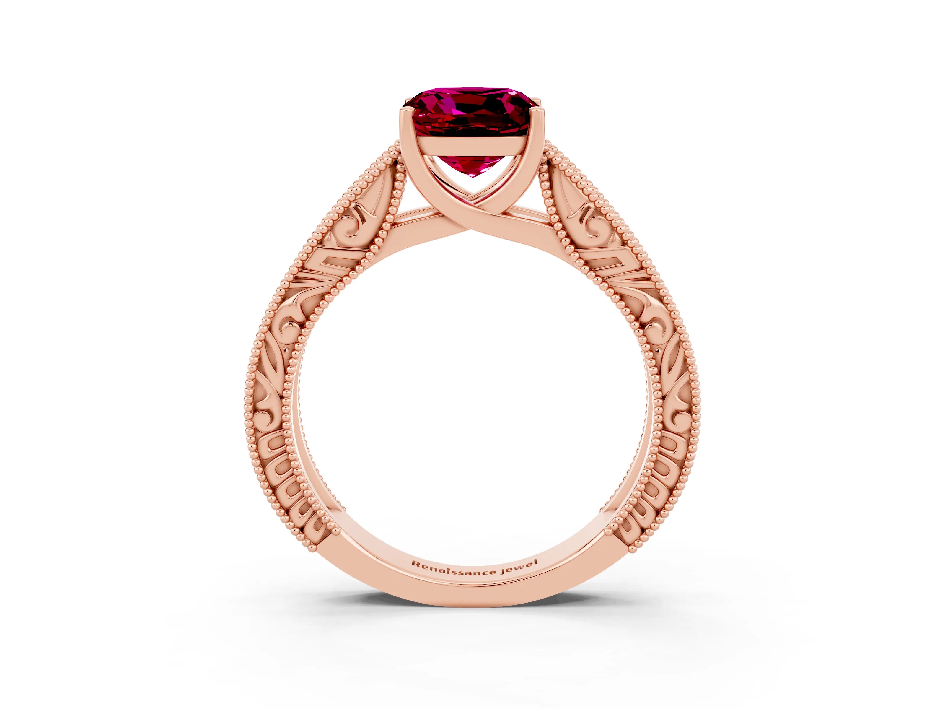 Rose gold Cushion Cut Garnet Solitaire Ring with Engraved Band and Four-Prong Setting_3