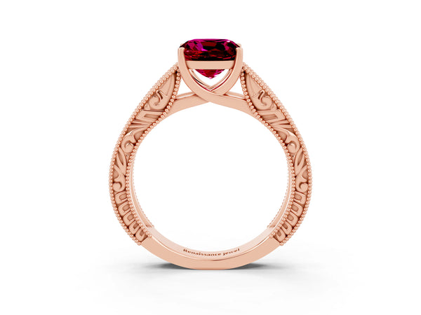 Rose gold Cushion Cut Garnet Solitaire Ring with Engraved Band and Four-Prong Setting