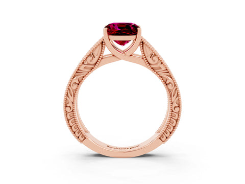 Rose gold Cushion Cut Garnet Solitaire Ring with Engraved Band and Four-Prong Setting_3