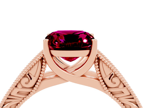 Rose gold Cushion Cut Garnet Solitaire Ring with Engraved Band and Four-Prong Setting_4