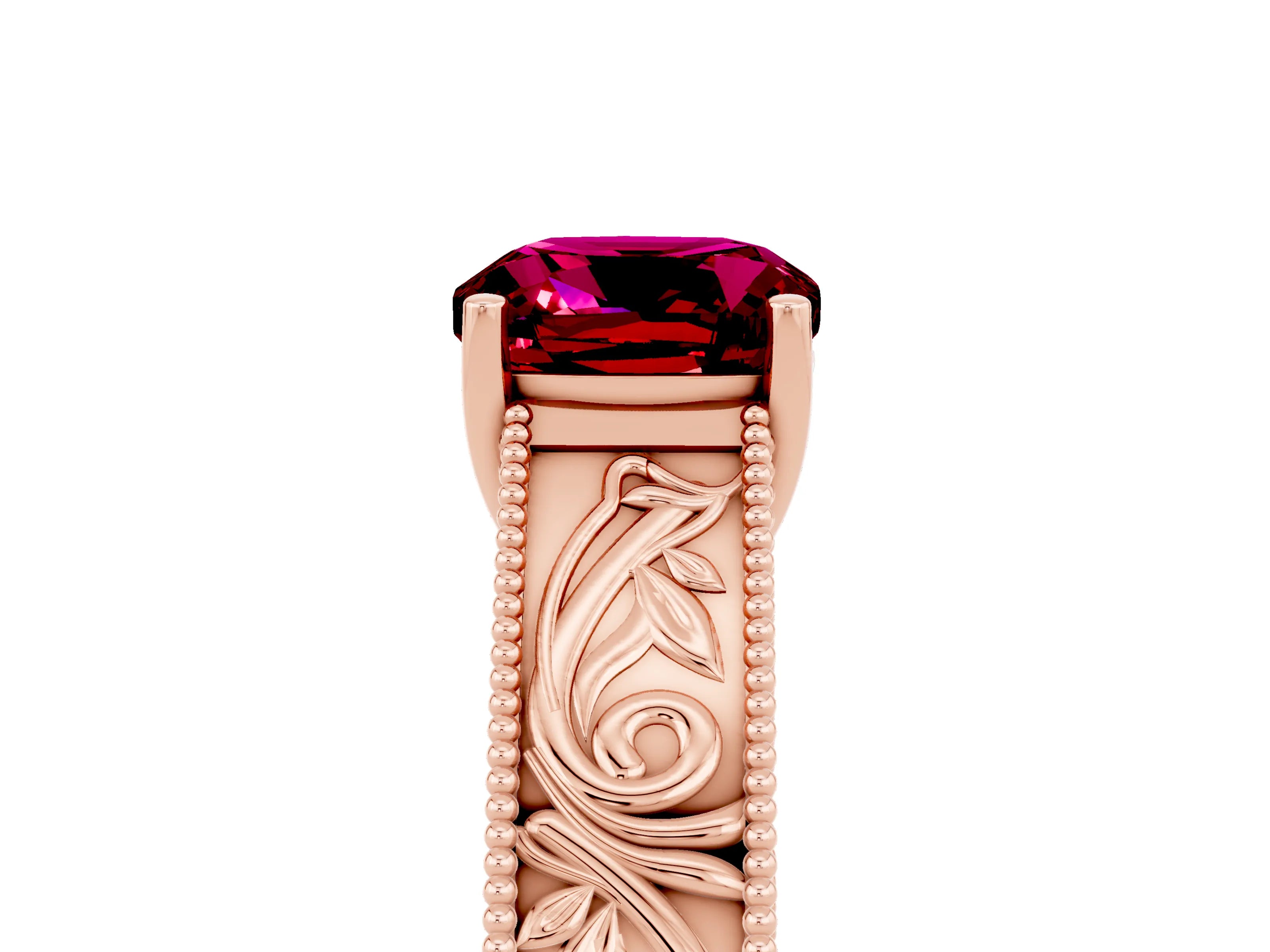 Rose gold Cushion Cut Garnet Solitaire Ring with Engraved Band and Four-Prong Setting_5
