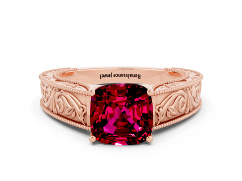 Rose gold Cushion Cut Garnet Solitaire Ring with Engraved Band and Four-Prong Setting