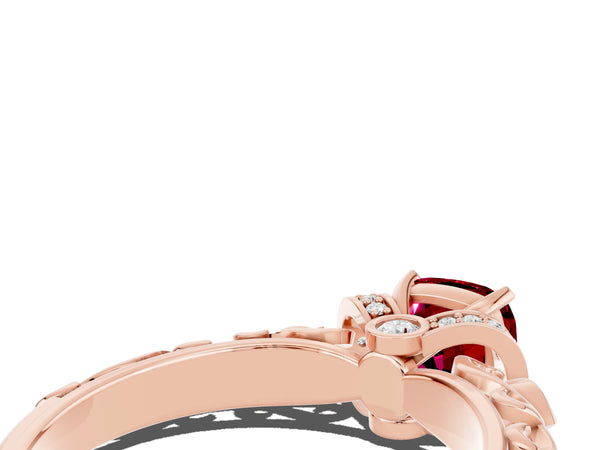 Rose gold Cushion Cut Garnet Solitaire Ring with Filigree Band and Four-Prong Setting