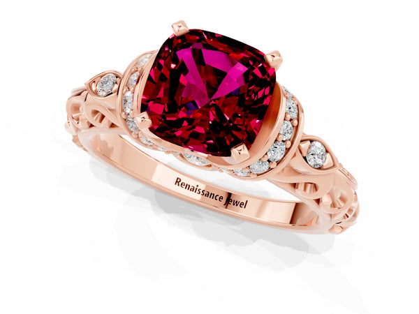 Rose gold Cushion Cut Garnet Solitaire Ring with Filigree Band and Four-Prong Setting